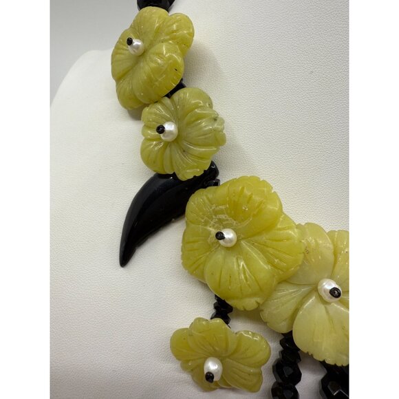 Chunky Beaded Yellow Jade Black Onyx Glass Statement Necklace Big Tropical Stone - Picture 6 of 9